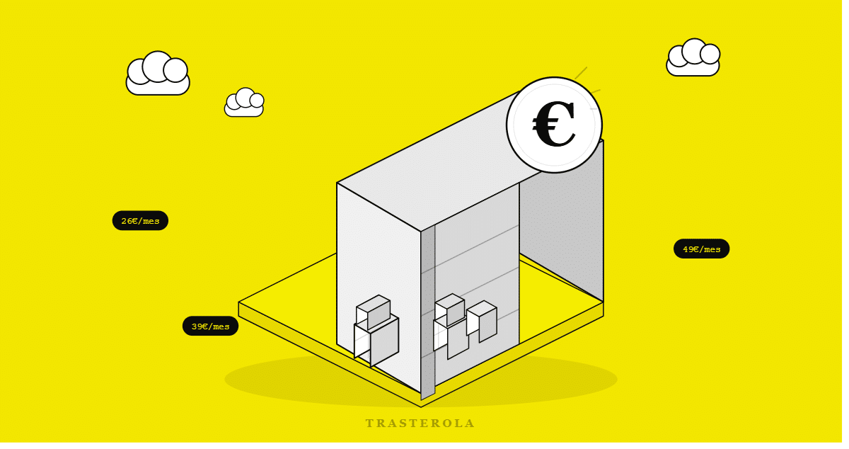 Ilustración isométrica de un trastero con precios de alquiler por ciudad en España