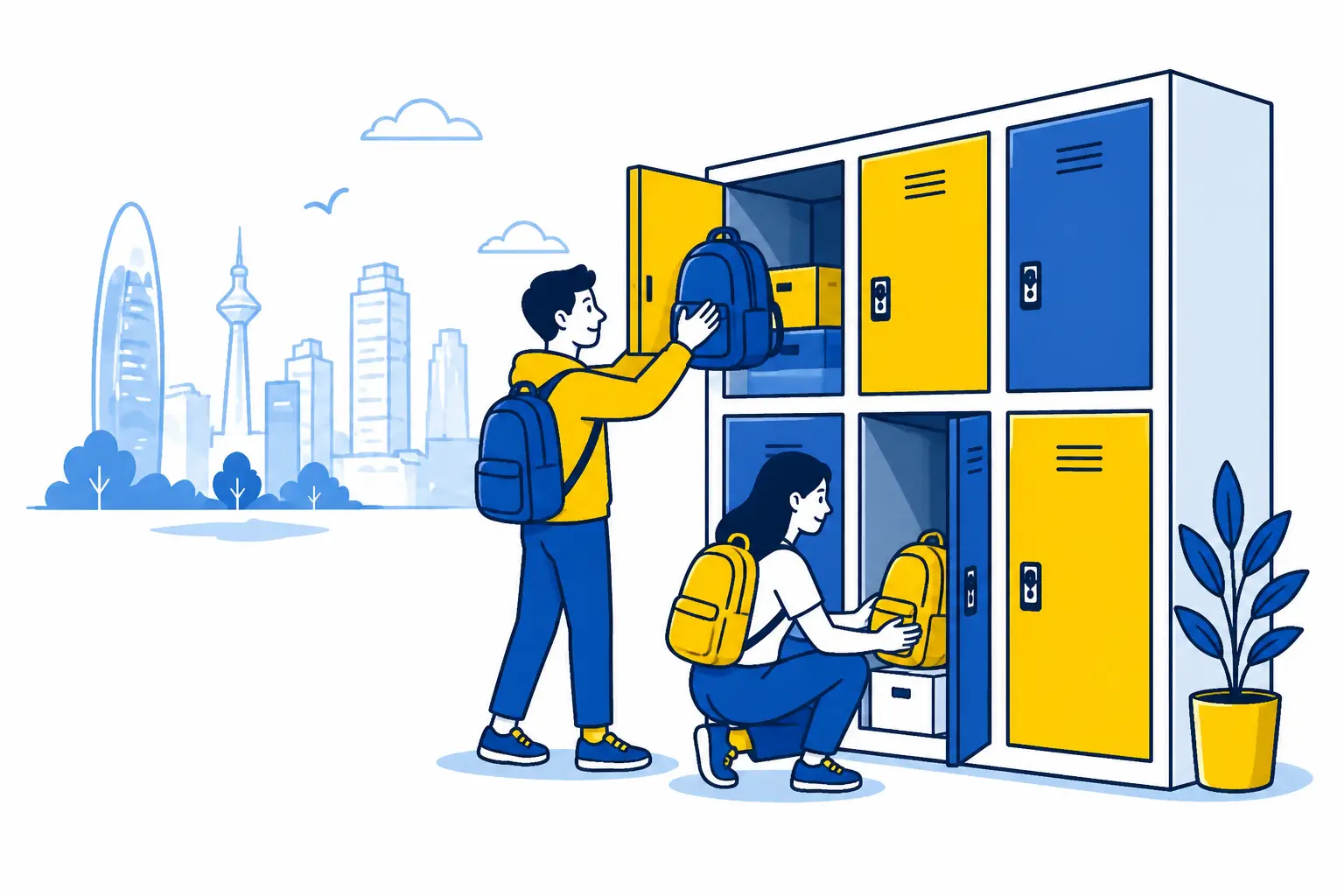 Dos personas guardando mochilas en lockers de alquiler con Trasterola en España