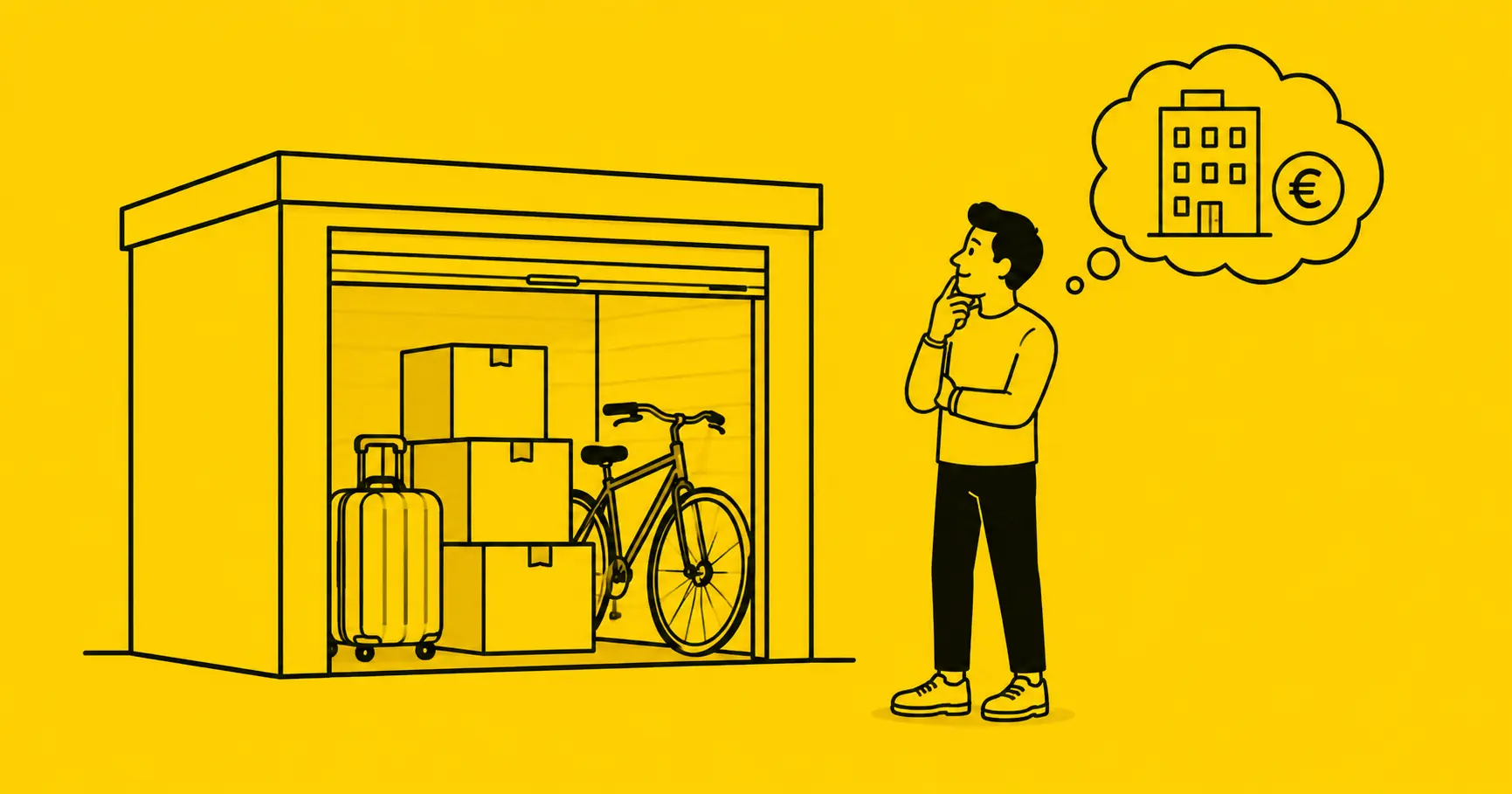 Ilustración de un trastero con cajas y una persona pensando en el coste de la vivienda en Barcelona