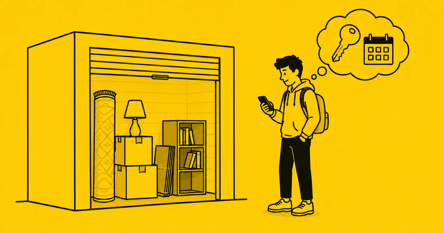 Ilustración de un trastero con muebles y cajas de mudanza, y una persona joven pensando en un cambio de piso en Madrid
