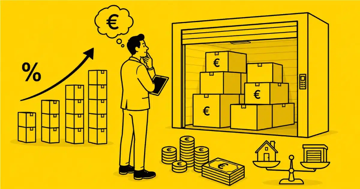 Ilustración de inversor analizando un trastero con cajas, gráfica de rentabilidad ascendente y balanza comparando vivienda y trastero como activos