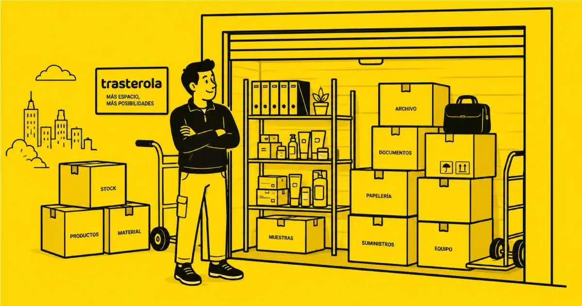 Ilustración de empresario con trastero organizado con stock, archivo y material de trabajo
