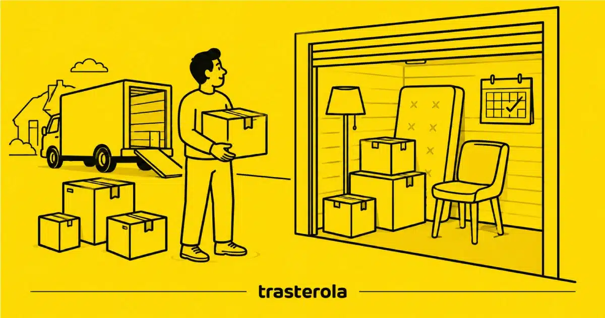 Ilustración de persona con cajas y camión de mudanza guardando muebles en un trastero